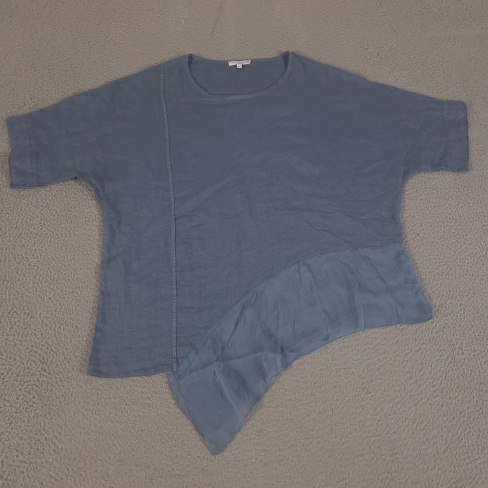 Tempo Paris Top Womens M/L Blue Linen Silk Edge Asymmetrical Italy Short Sleeve